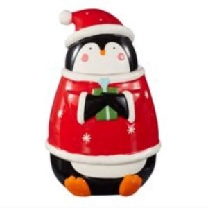 Holiday Time Hand Painted Christmas Penguin Ceramic Cookie Jar